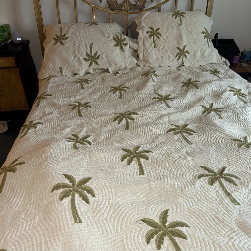 Waverly Cream Green Quilted Bedding Set Palm Tree Twin Quilt and Two Shams